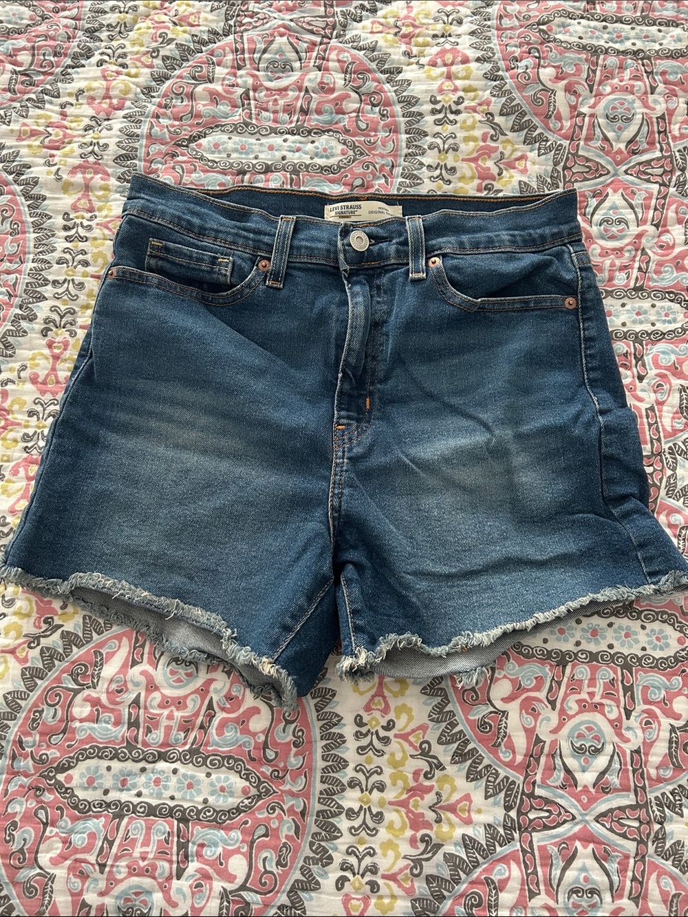 Signature by Levi Strauss Dark Blue Distressed Hem Denim Shorts